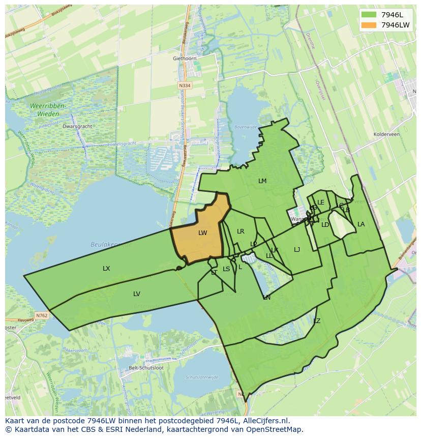 Afbeelding van het postcodegebied 7946 LW op de kaart.