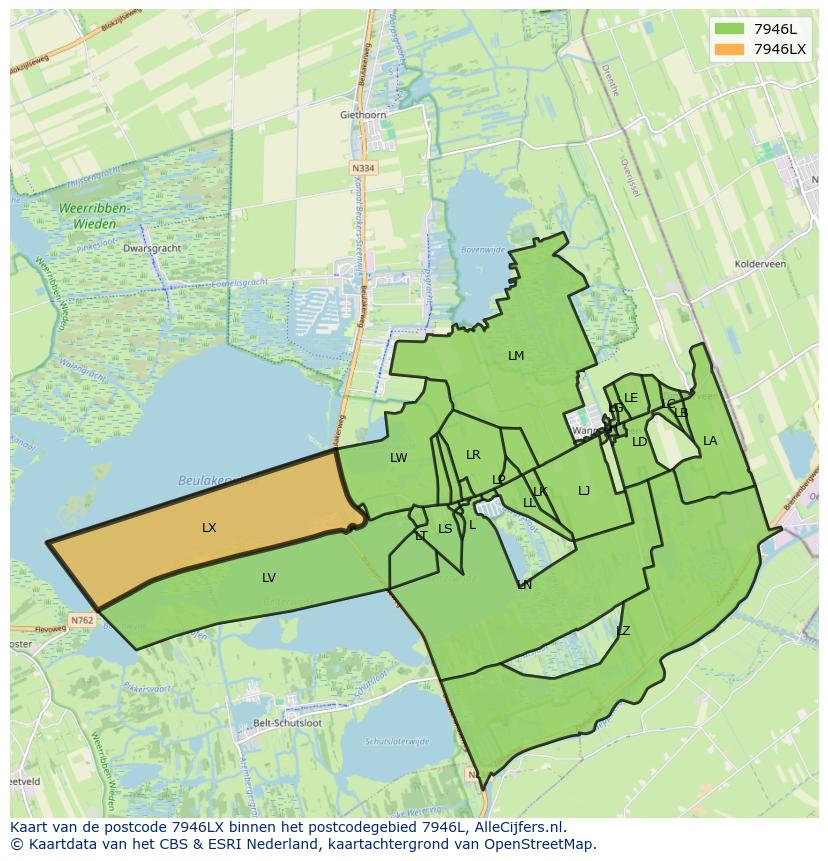 Afbeelding van het postcodegebied 7946 LX op de kaart.