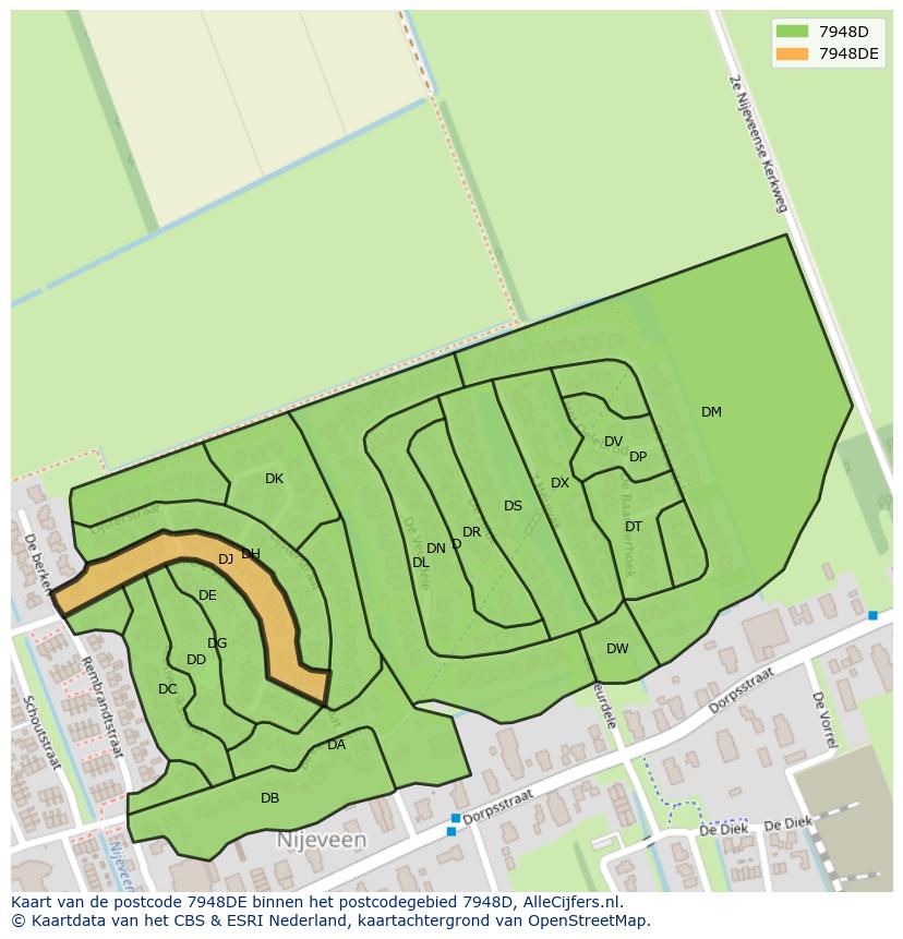 Afbeelding van het postcodegebied 7948 DE op de kaart.