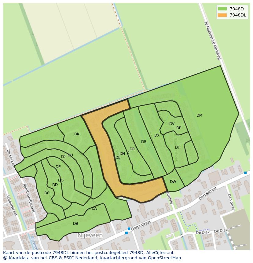 Afbeelding van het postcodegebied 7948 DL op de kaart.