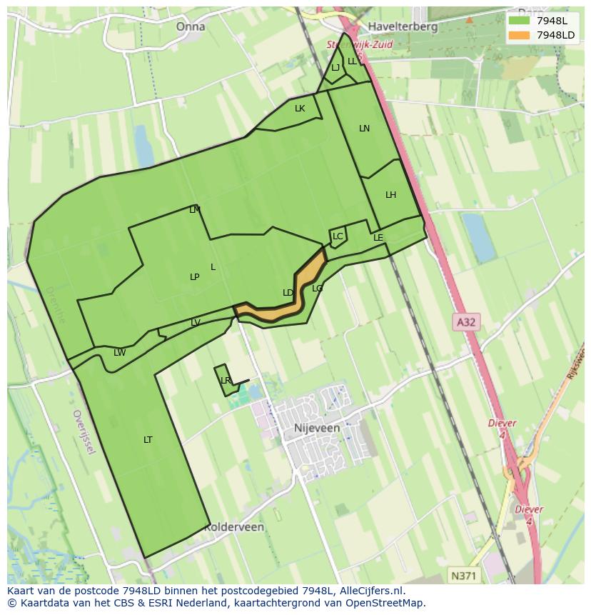 Afbeelding van het postcodegebied 7948 LD op de kaart.