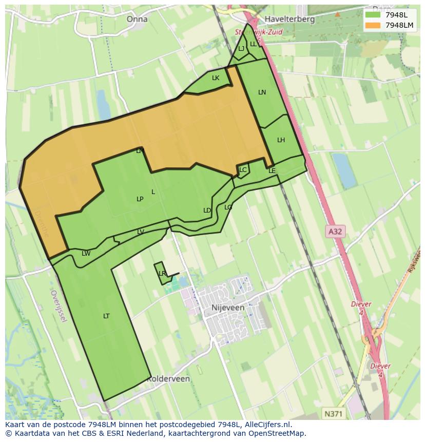 Afbeelding van het postcodegebied 7948 LM op de kaart.