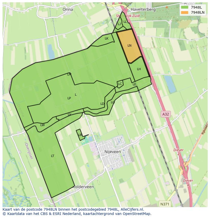Afbeelding van het postcodegebied 7948 LN op de kaart.
