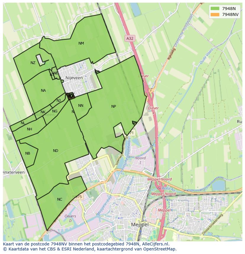 Afbeelding van het postcodegebied 7948 NV op de kaart.
