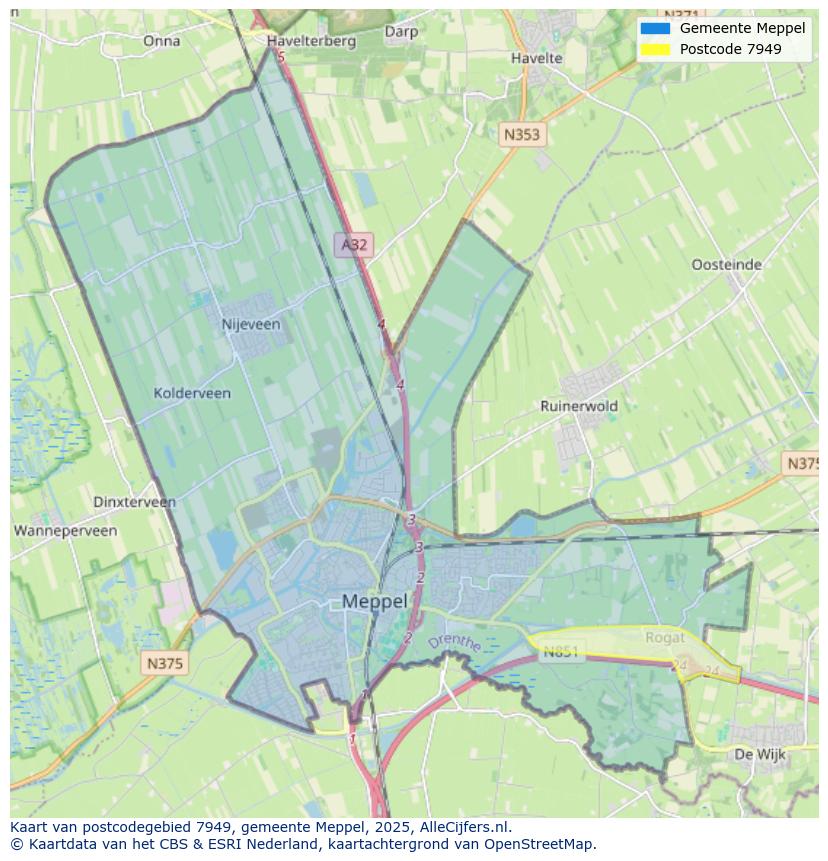 Afbeelding van het postcodegebied 7949 op de kaart.