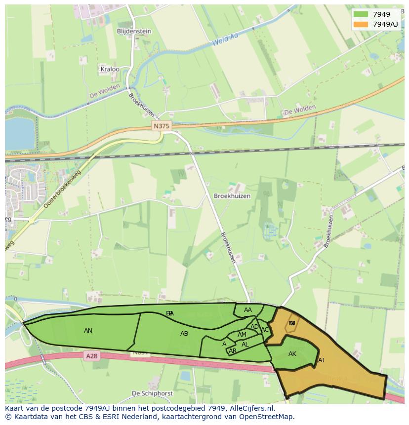 Afbeelding van het postcodegebied 7949 AJ op de kaart.