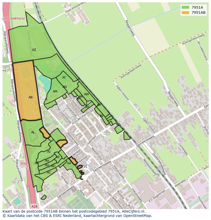 Afbeelding van het postcodegebied 7951 AB op de kaart.
