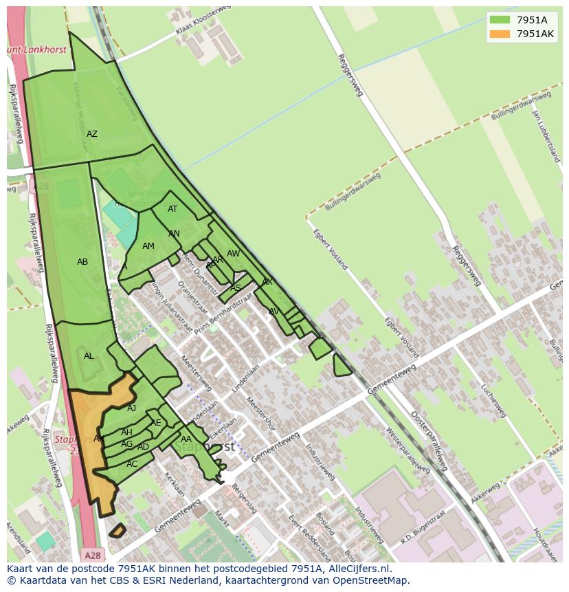 Afbeelding van het postcodegebied 7951 AK op de kaart.
