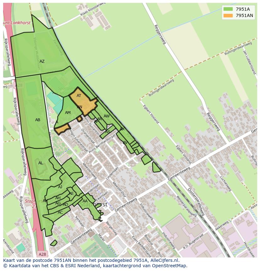 Afbeelding van het postcodegebied 7951 AN op de kaart.