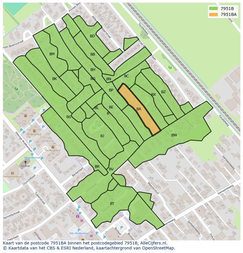 Afbeelding van het postcodegebied 7951 BA op de kaart.
