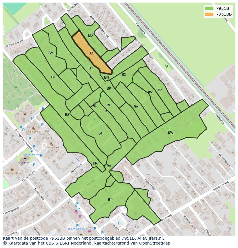Afbeelding van het postcodegebied 7951 BB op de kaart.
