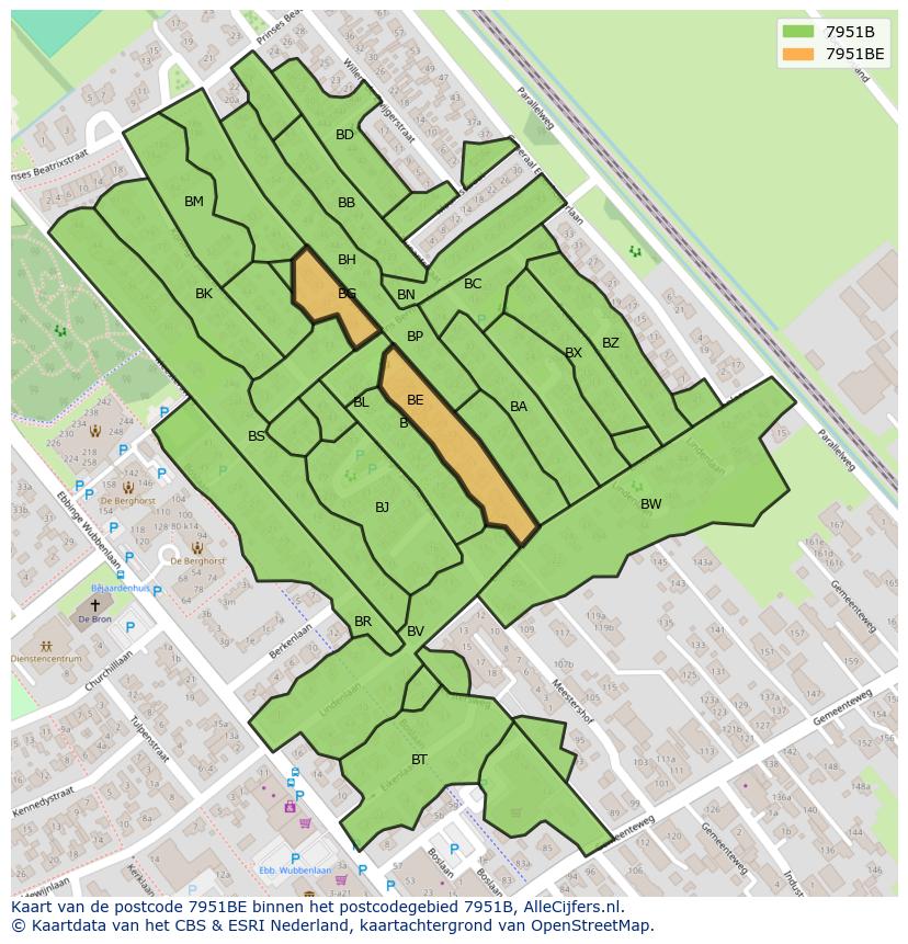 Afbeelding van het postcodegebied 7951 BE op de kaart.