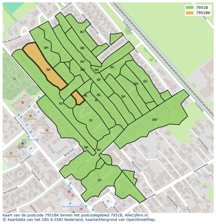 Afbeelding van het postcodegebied 7951 BK op de kaart.