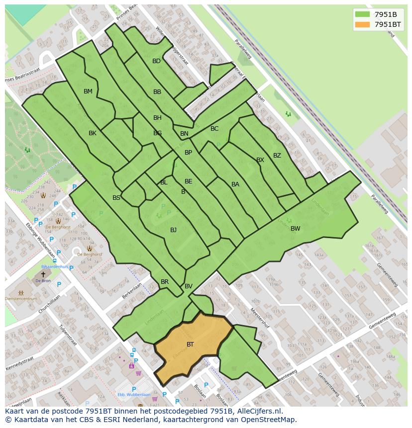 Afbeelding van het postcodegebied 7951 BT op de kaart.
