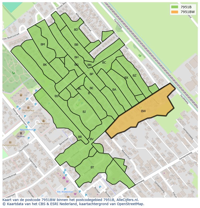 Afbeelding van het postcodegebied 7951 BW op de kaart.