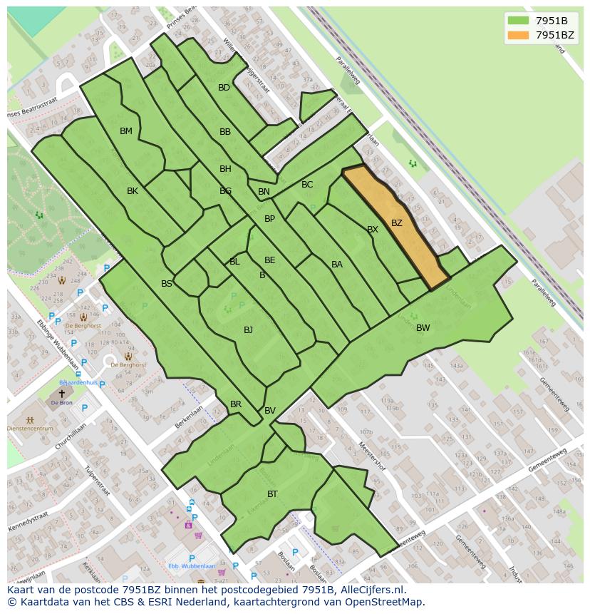 Afbeelding van het postcodegebied 7951 BZ op de kaart.
