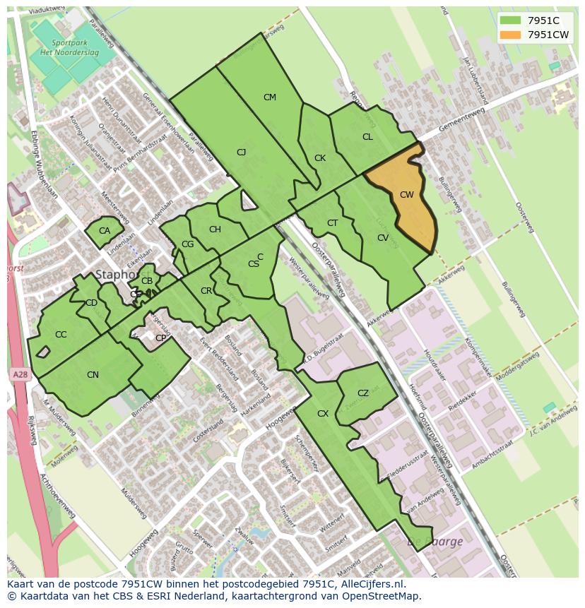 Afbeelding van het postcodegebied 7951 CW op de kaart.