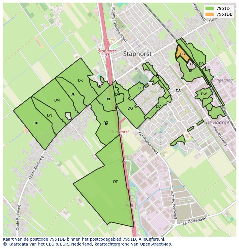 Afbeelding van het postcodegebied 7951 DB op de kaart.