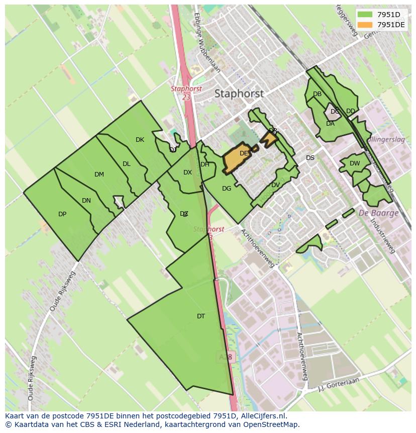 Afbeelding van het postcodegebied 7951 DE op de kaart.