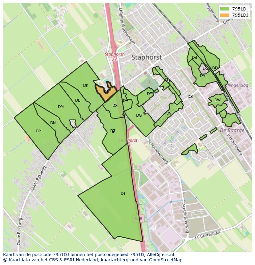 Afbeelding van het postcodegebied 7951 DJ op de kaart.