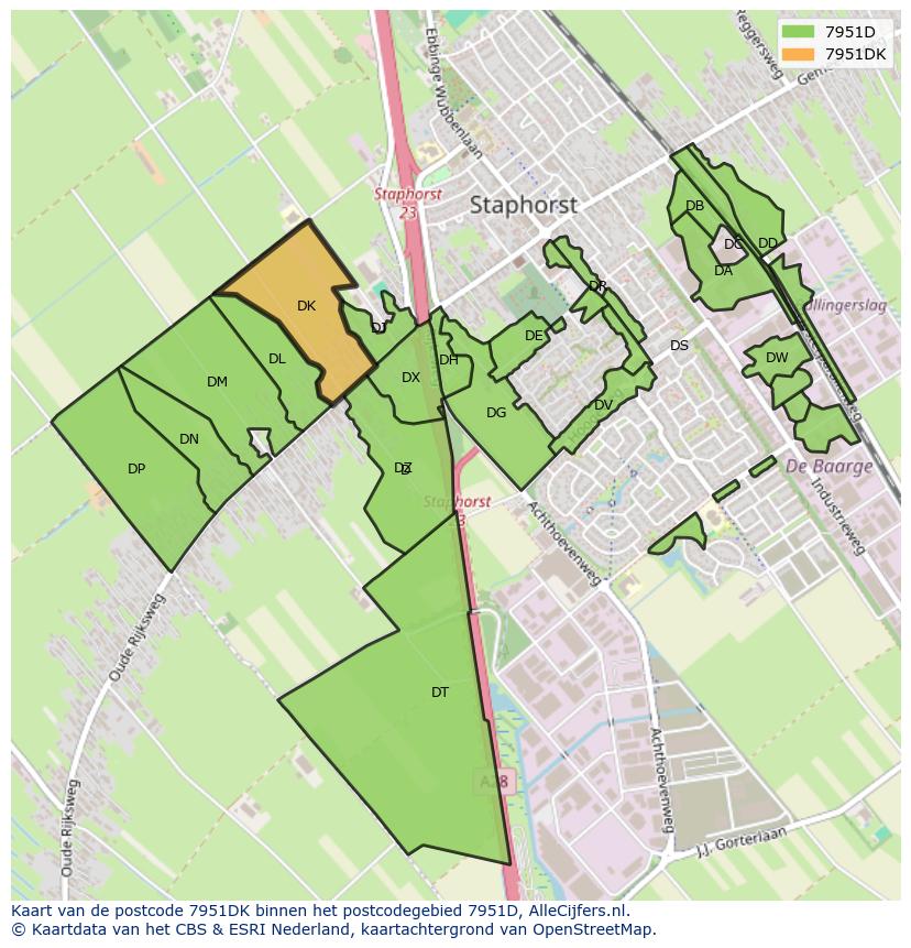 Afbeelding van het postcodegebied 7951 DK op de kaart.