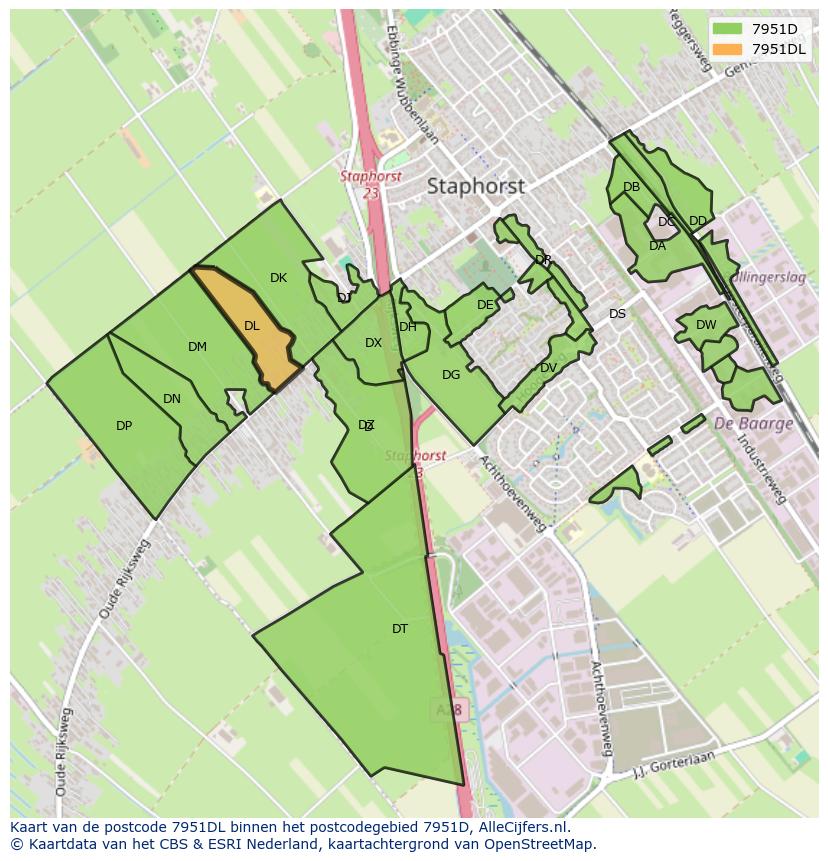 Afbeelding van het postcodegebied 7951 DL op de kaart.