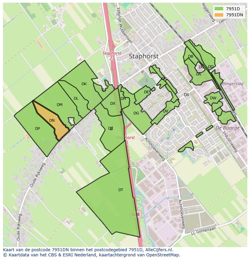 Afbeelding van het postcodegebied 7951 DN op de kaart.