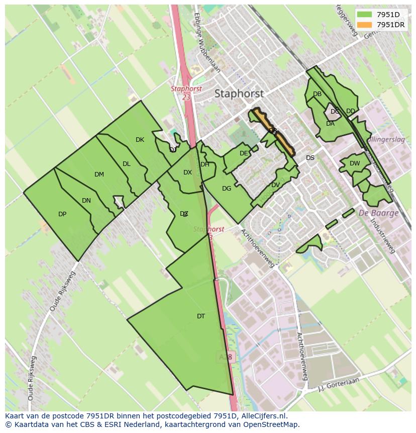 Afbeelding van het postcodegebied 7951 DR op de kaart.
