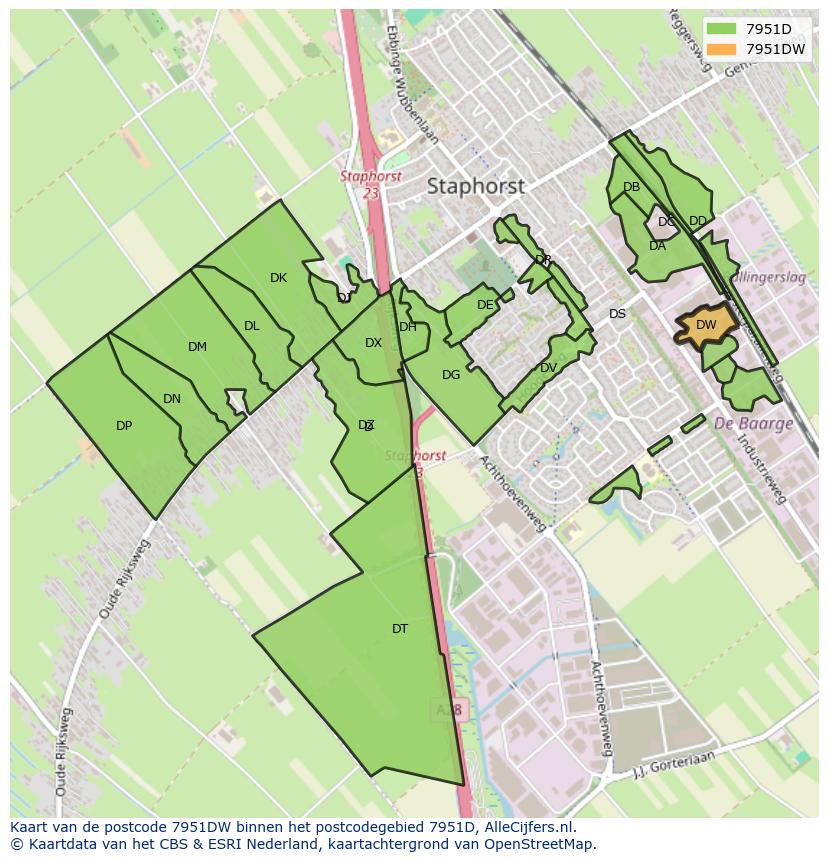 Afbeelding van het postcodegebied 7951 DW op de kaart.