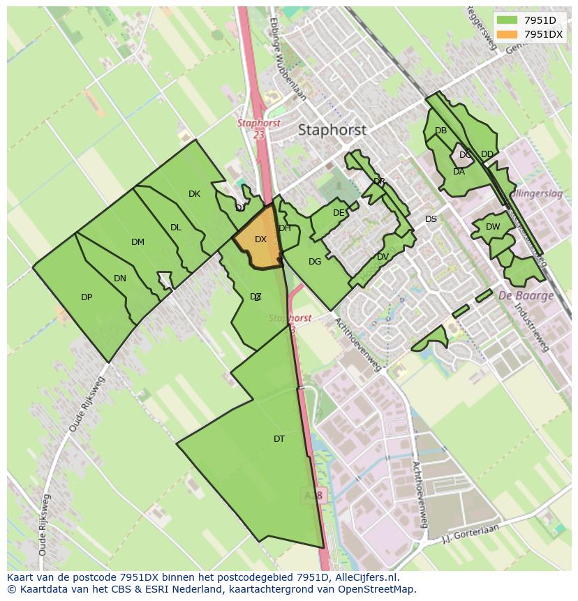 Afbeelding van het postcodegebied 7951 DX op de kaart.