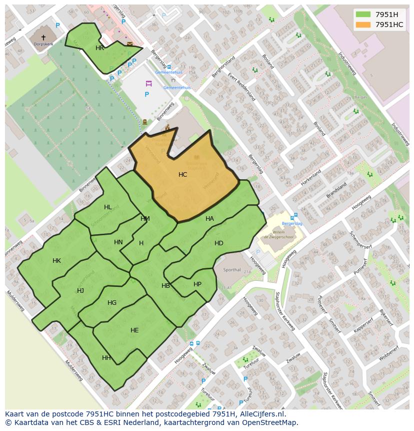 Afbeelding van het postcodegebied 7951 HC op de kaart.