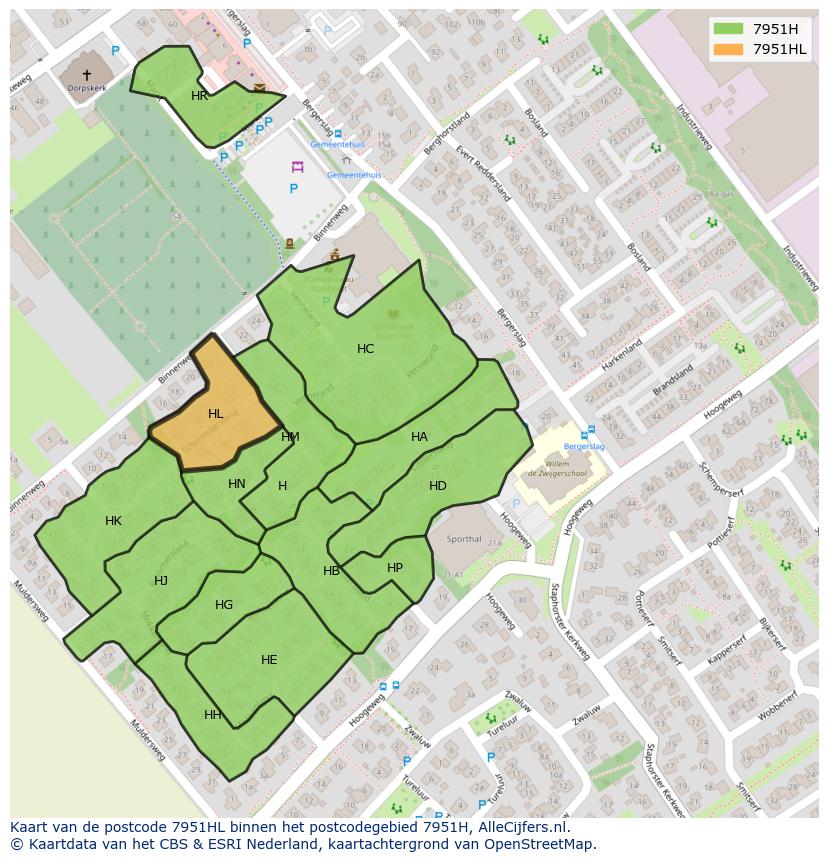Afbeelding van het postcodegebied 7951 HL op de kaart.