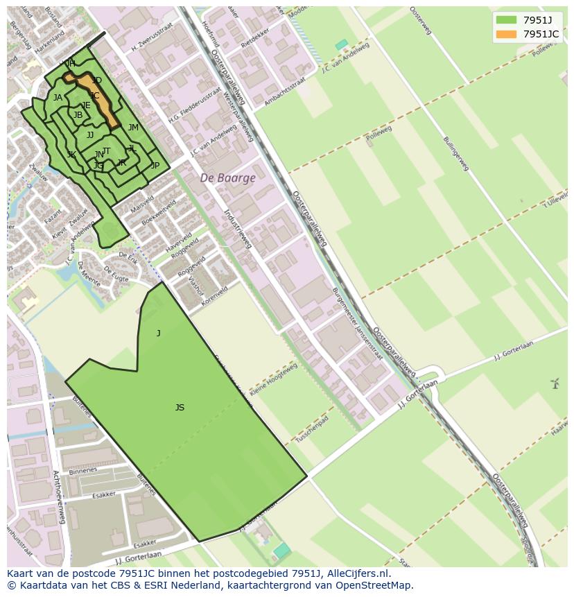 Afbeelding van het postcodegebied 7951 JC op de kaart.