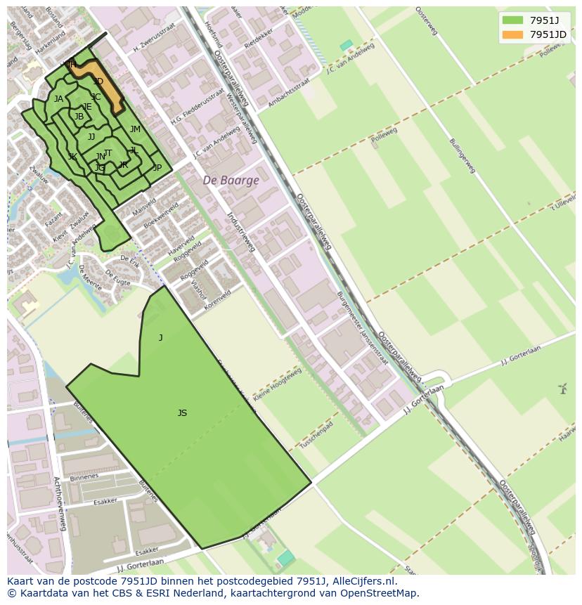 Afbeelding van het postcodegebied 7951 JD op de kaart.