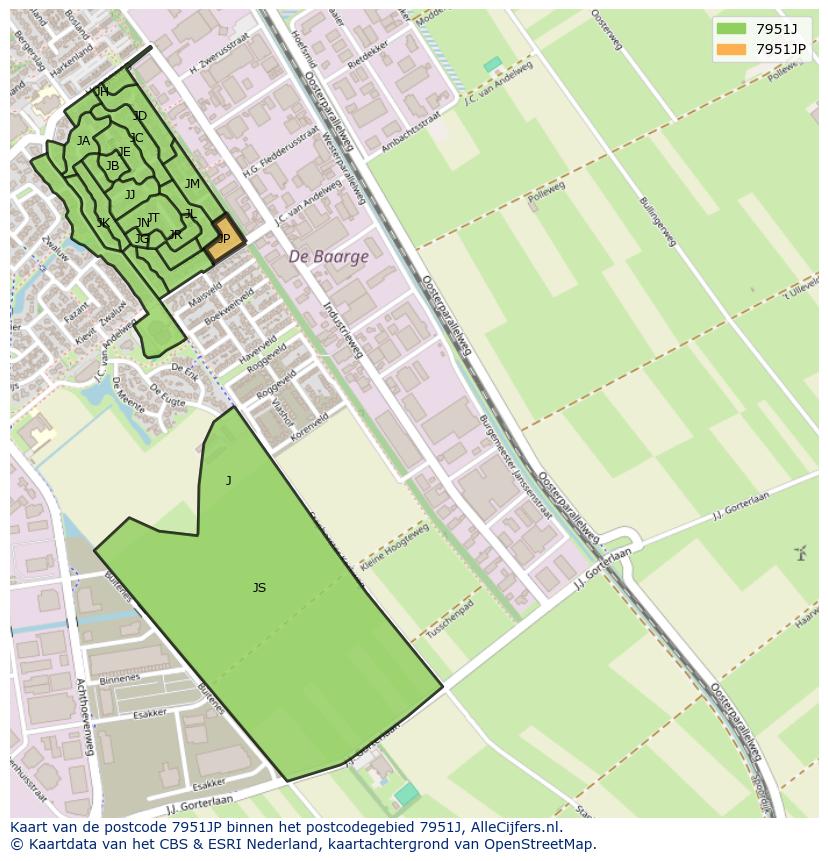 Afbeelding van het postcodegebied 7951 JP op de kaart.