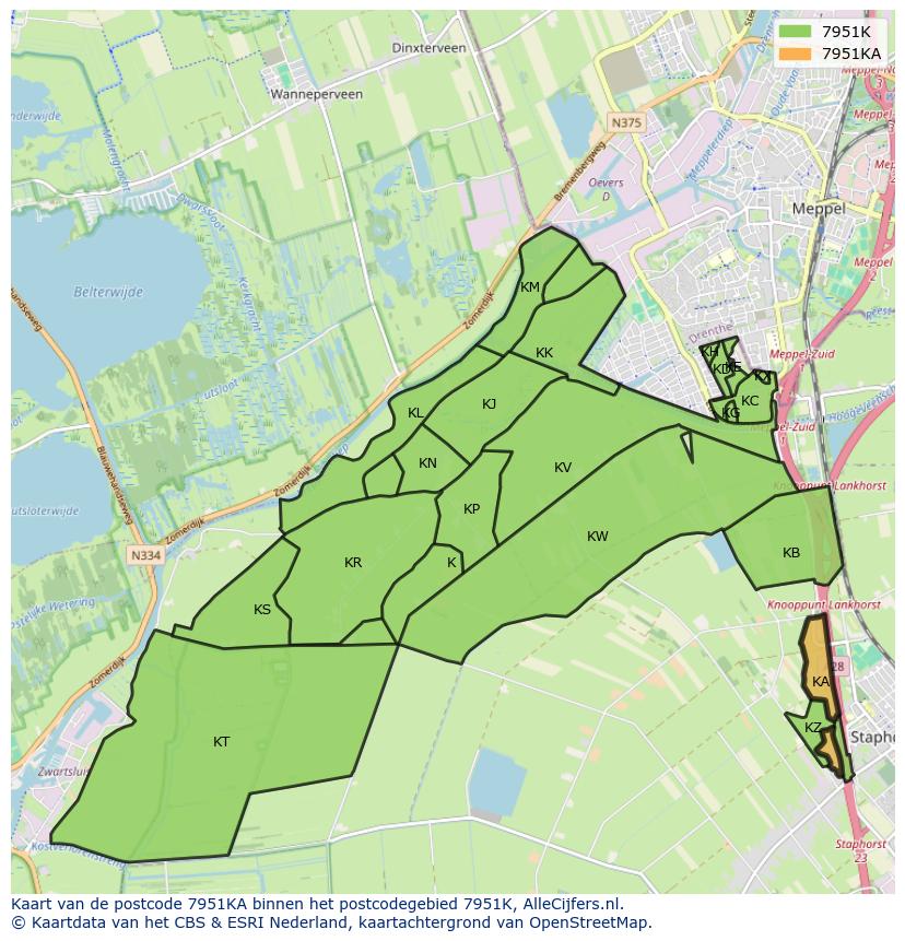 Afbeelding van het postcodegebied 7951 KA op de kaart.
