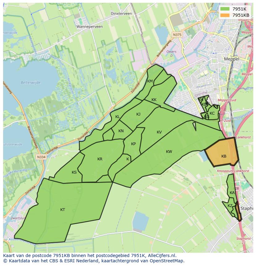 Afbeelding van het postcodegebied 7951 KB op de kaart.