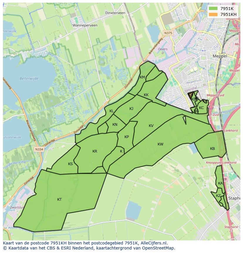 Afbeelding van het postcodegebied 7951 KH op de kaart.