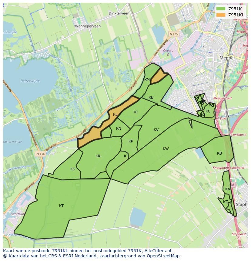 Afbeelding van het postcodegebied 7951 KL op de kaart.