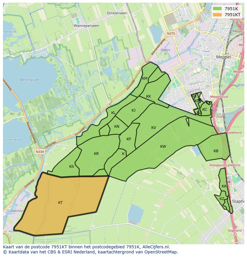 Afbeelding van het postcodegebied 7951 KT op de kaart.