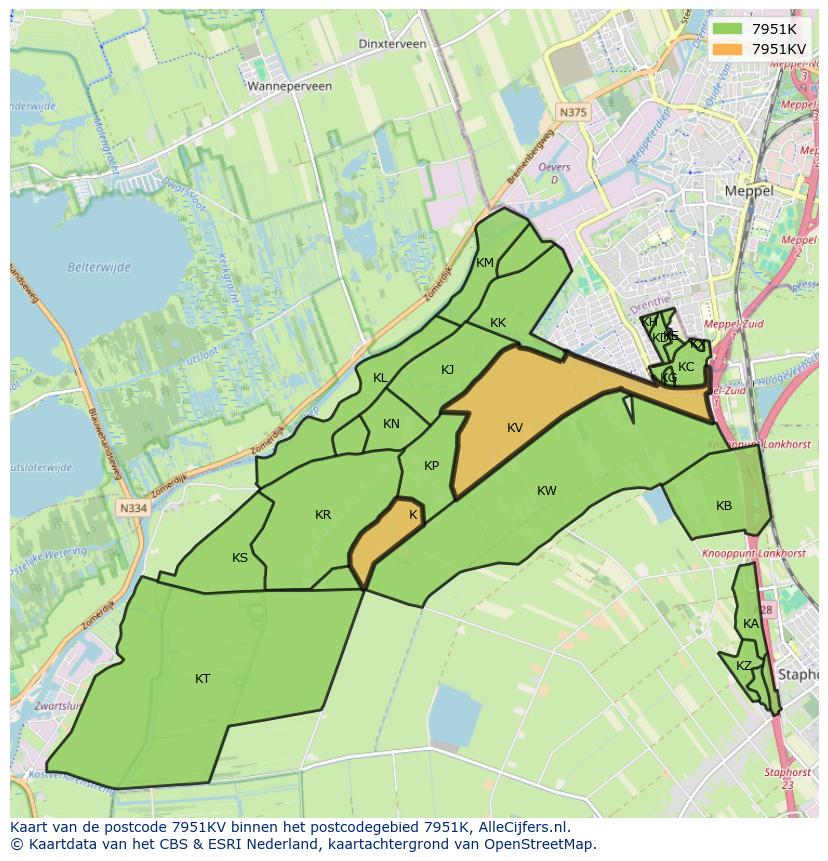 Afbeelding van het postcodegebied 7951 KV op de kaart.