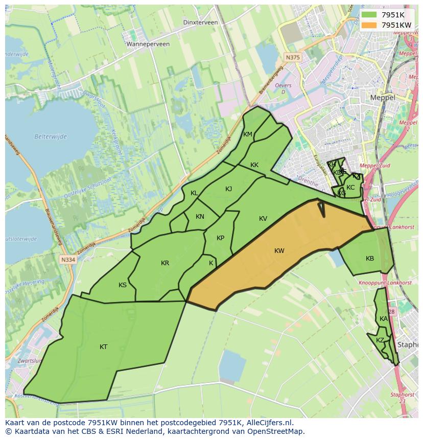 Afbeelding van het postcodegebied 7951 KW op de kaart.