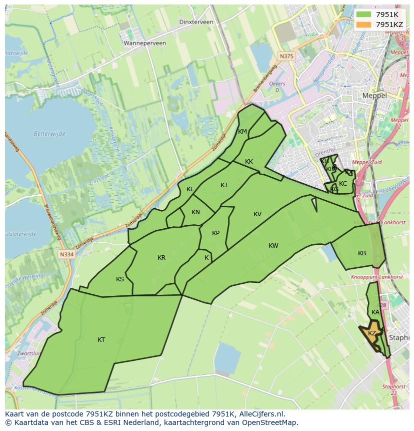 Afbeelding van het postcodegebied 7951 KZ op de kaart.