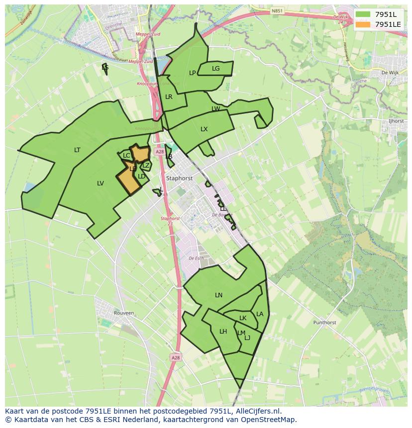 Afbeelding van het postcodegebied 7951 LE op de kaart.