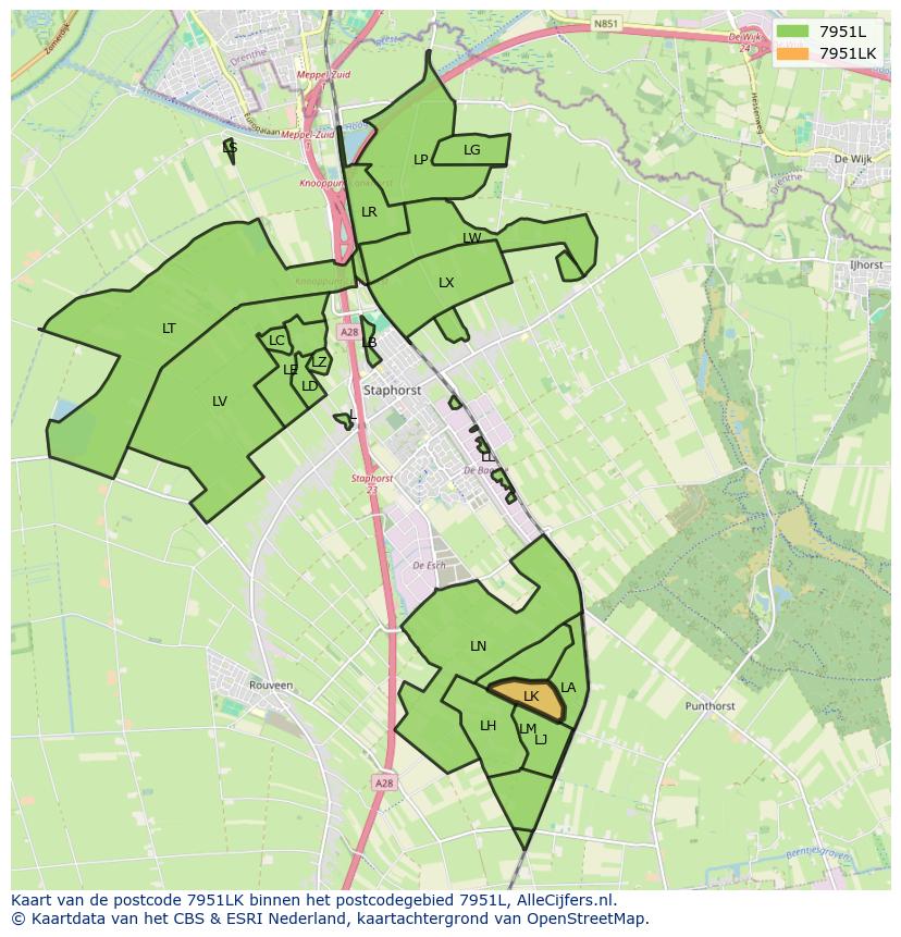 Afbeelding van het postcodegebied 7951 LK op de kaart.