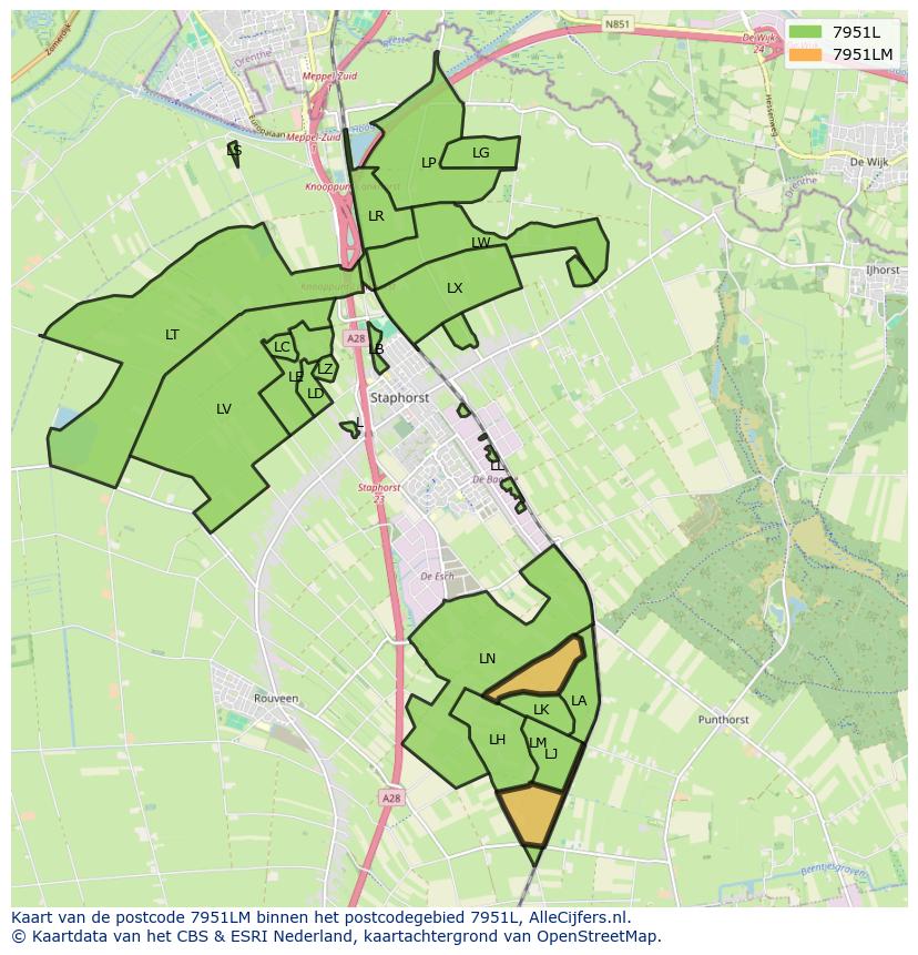 Afbeelding van het postcodegebied 7951 LM op de kaart.