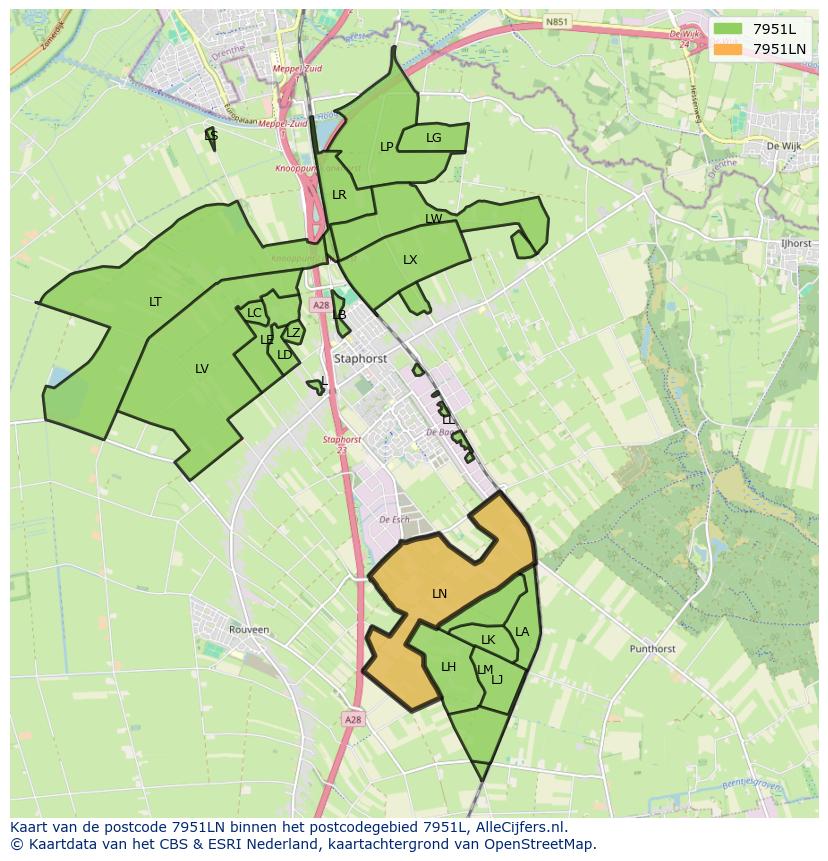 Afbeelding van het postcodegebied 7951 LN op de kaart.