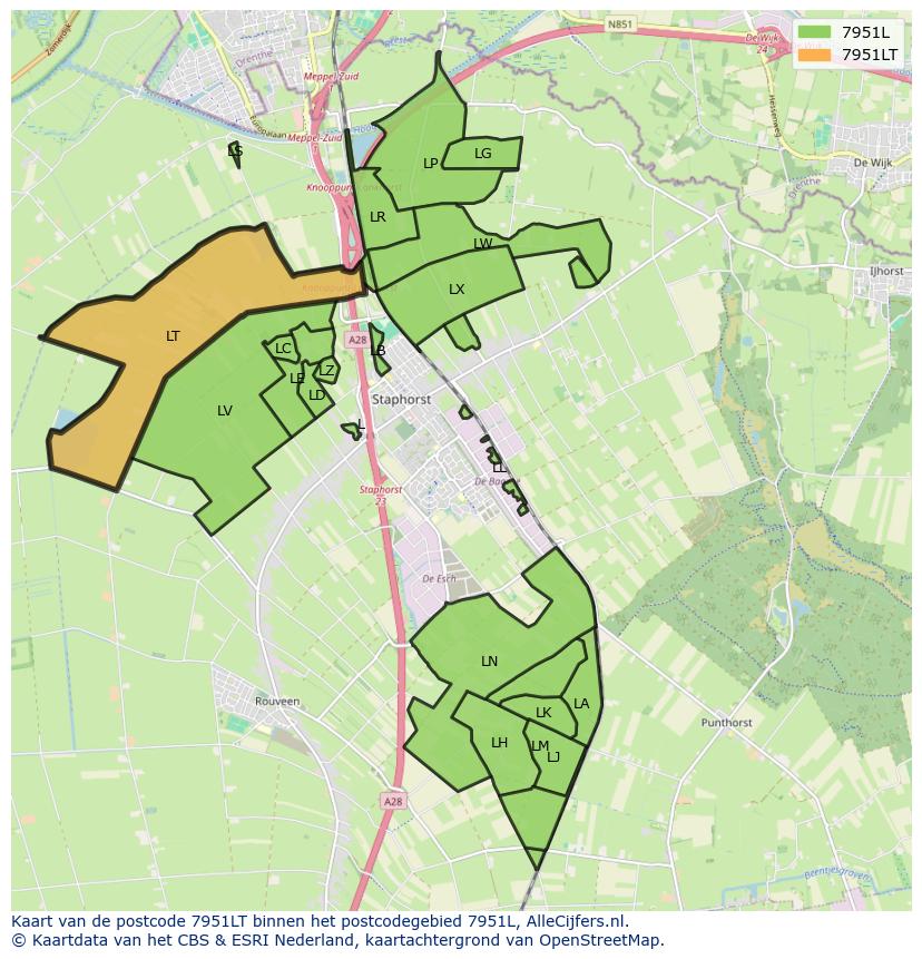 Afbeelding van het postcodegebied 7951 LT op de kaart.