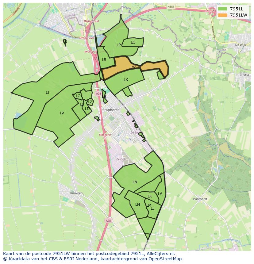 Afbeelding van het postcodegebied 7951 LW op de kaart.