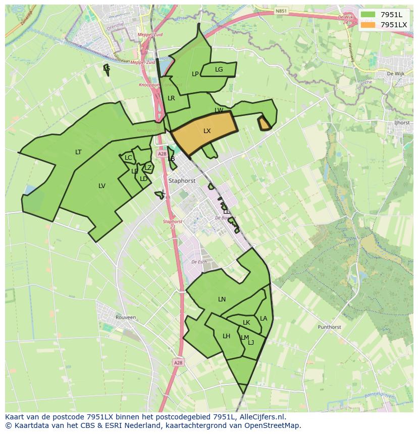 Afbeelding van het postcodegebied 7951 LX op de kaart.